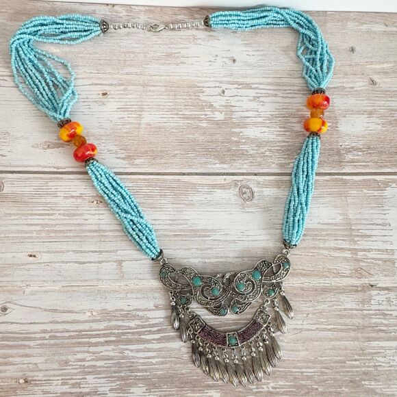 Chunky Boho Southwest Necklace Turquoise Seed Beads Faux Coral Large Pendant - Picture 2 of 10